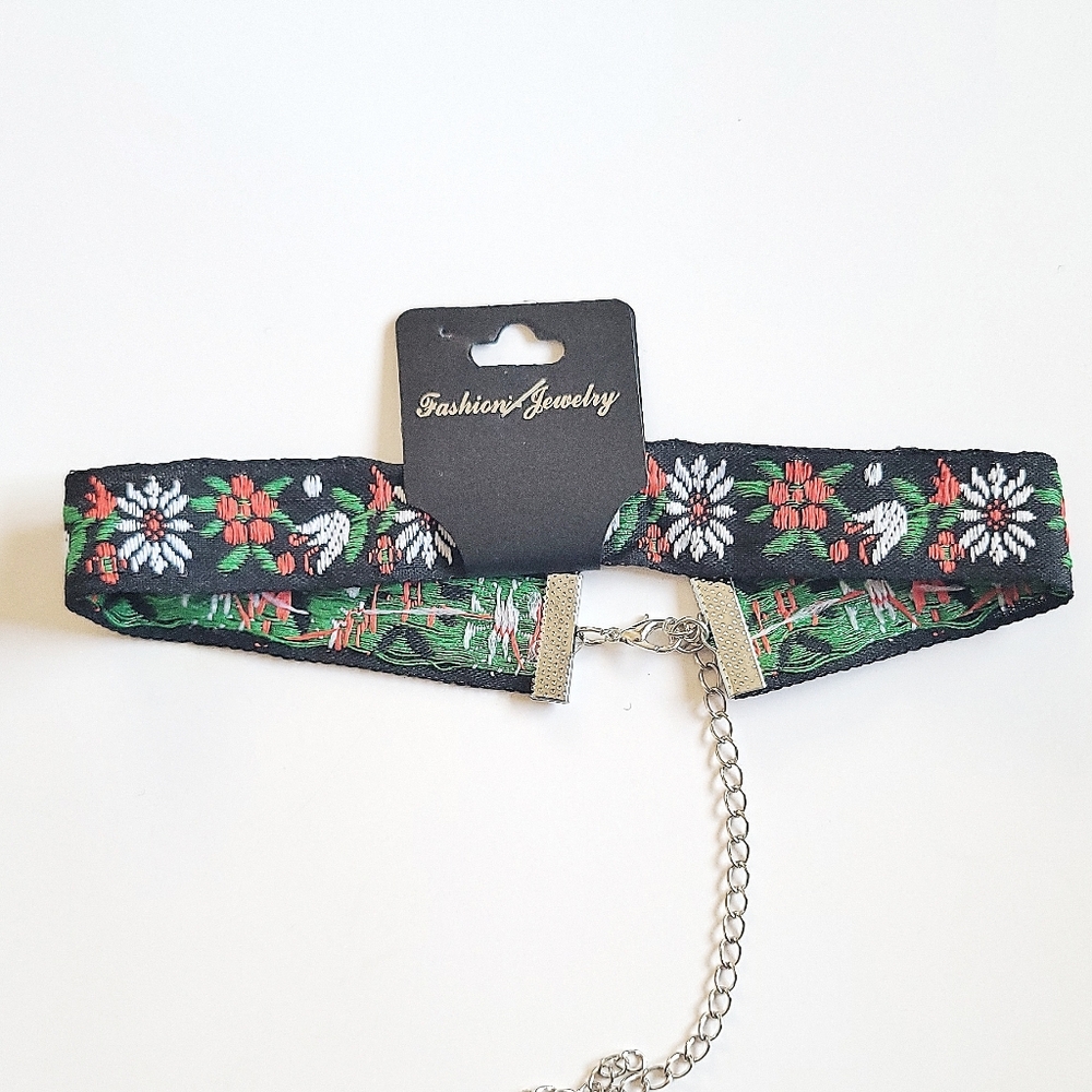 New Black Embroidered Floral Choker Necklace Boho, Folk, Adjustable, Festival